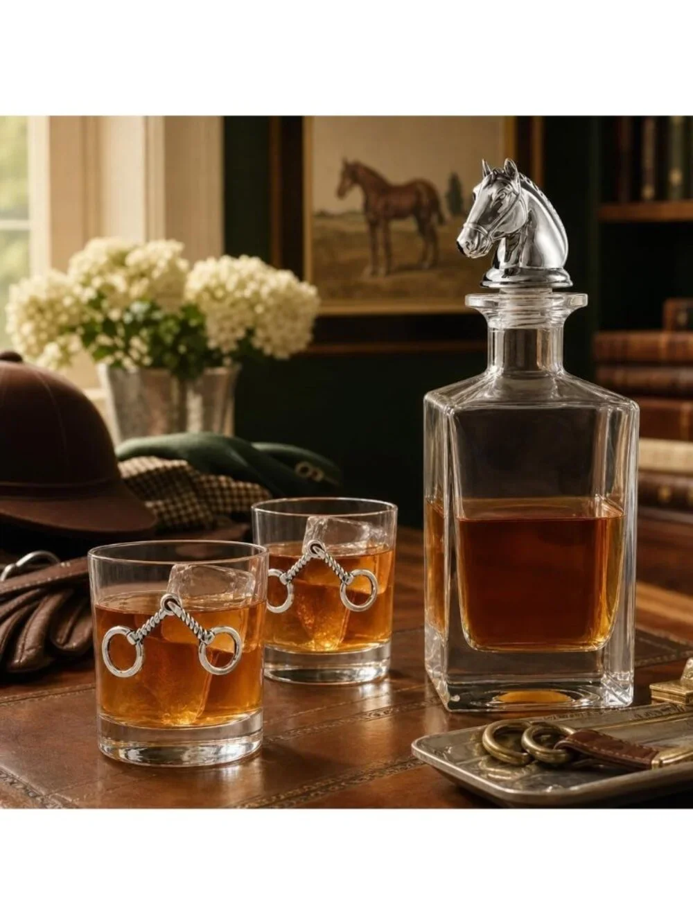 Arthur Court Equestrian Decanter Set Horse Head 2 Whiskey Glasses NIB